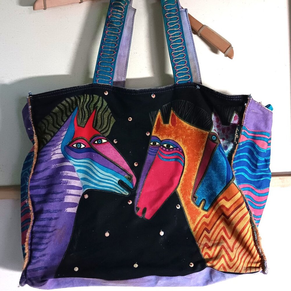 Laurel Burch Extra Large Canvas Tote Bag Multicolor Horses Zip